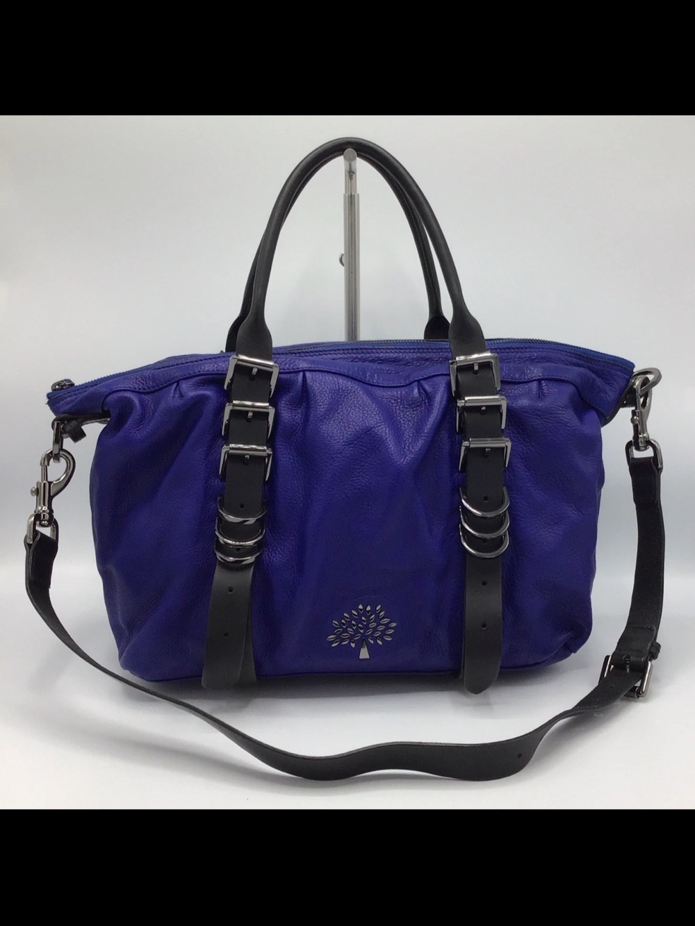 Mulberry Violet Leather Satchel with Black Straps